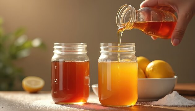 Person pours golden amber honey from small bottle into clear glass jar. Another jar contains dark liquid syrup. Fresh yellow lemons in white bowl, sugar powder on rustic wood surface. Preparing - Powered by Adobe