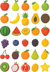 Colorful Vector Set of Fresh Fruits – Flat Icon Collection of Tropical, Citrus, and Berries for Healthy Food Designs