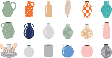 Vibrant Vector Collection of Modern Decorative Vases and Jugs, Featuring Geometric Patterns, Abstract Shapes, and Hands Crafting Pottery in a Contemporary Flat Style.