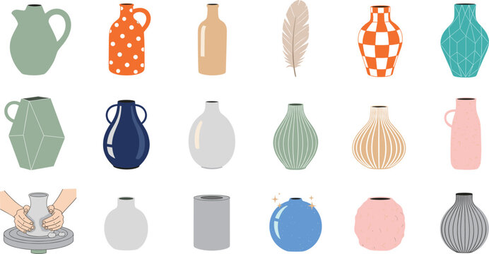 Vibrant Vector Collection of Modern Decorative Vases and Jugs, Featuring Geometric Patterns, Abstract Shapes, and Hands Crafting Pottery in a Contemporary Flat Style.