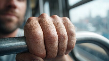 Close-up of a man's hand gripping a railing.