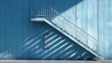 A galvanized steel stairs against a blue metal wall