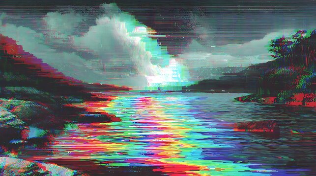A vibrant glitch art landscape featuring a river of rainbow colors flowing through mountains under a cloudy sky, creating a distorted yet captivating scene with digital artifacts - Powered by Adobe