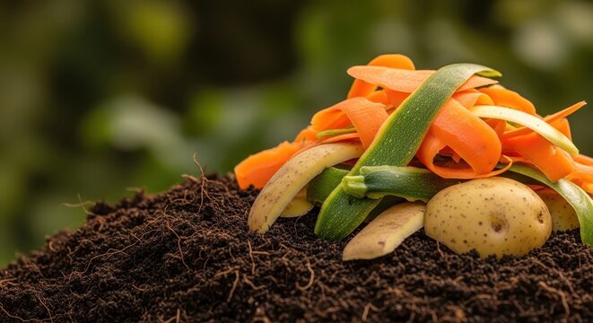 Vegetable peels and potato on compost pile in natural environment - Powered by Adobe
