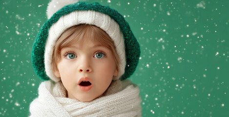 Winter portrait of a surprised child wearing a knitted hat and scarf with soft snowfall on a green background