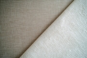 Close up of beige fabric textile showing texture and weave patterns in natural light