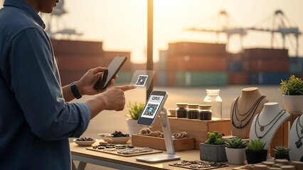 Entrepreneurial Spirit - Man Manages Online Jewelry Business at Shipping Port.