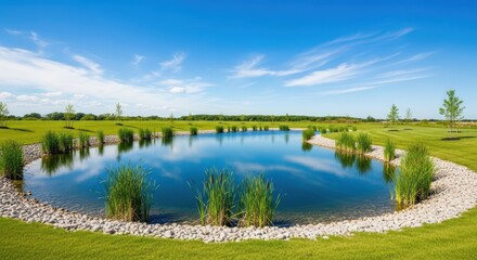 Fototapeta premium Tranquil water retention pond surrounded by green grass and trees 