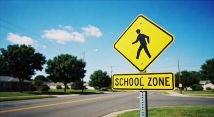 School zone street sign under clear blue sky near road in a suburb