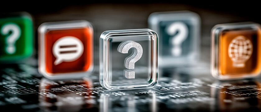 Glass question mark symbol on digital background representing inquiries and curiosity in technology and communication