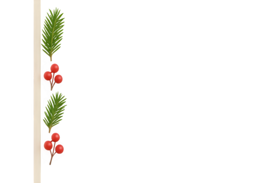 Green pine branch with red berries forming vertical holiday border on transparent background.
