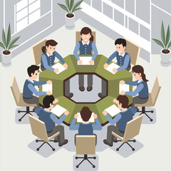 A group of isometric style business people men and women attending a corporate business meeting sitting around an octagon table