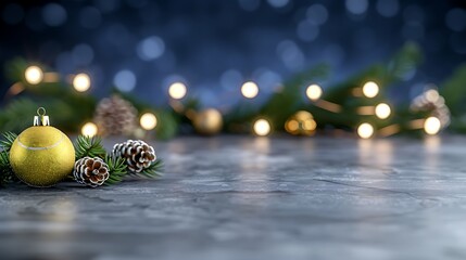 Fototapeta premium Glittering Christmas Ornament with Pine Cones and Festive Lights on a Marble Surface Perfect for Holiday Decor