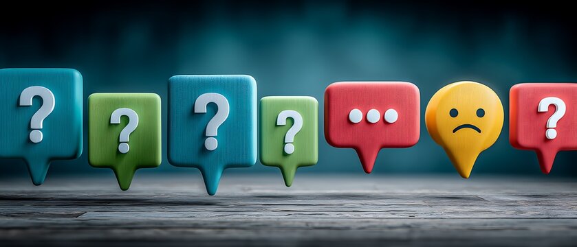 Colorful Speech Bubbles with Question Marks and Sad Emoji on Wooden Background for Emotional Expression Concept