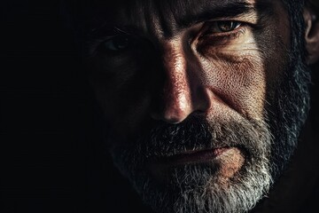 Obraz premium Man with a beard sitting in a casual setting looking thoughtfully into the distance