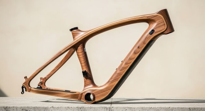 Wooden e-bike frame displayed against a neutral background showcasing eco-friendliness - Powered by Adobe