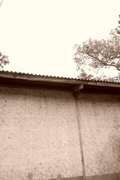 Sepia Toned Woven Bamboo Wall with Corrugated Metal Roofing Edge Building