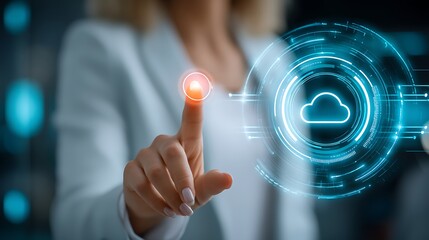 Woman in business attire interacting with digital cloud technology interface using touch gesture in modern office