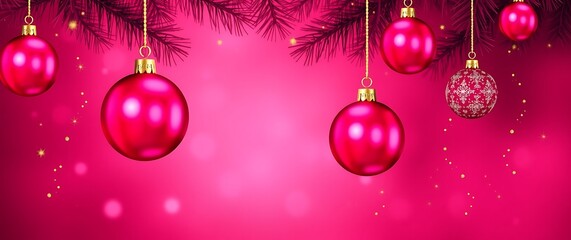 Vibrant pink christmas ornaments hanging on fir branches with soft bokeh