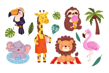 Naklejka premium Cute tropical animal set: toucan, giraffe, sloth, flamingo, lion, elephant and palm tree and leaves. Colorful wildlife characters for kids designs, nursery decor, prints and stickers