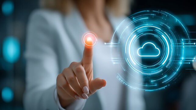 Woman in business attire interacting with digital cloud technology interface using touch gesture in modern office