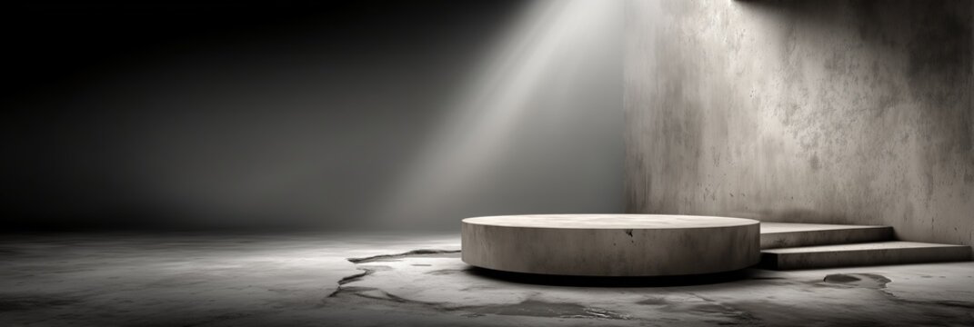 Minimal circular stone podium under spotlight in dark concrete space for premium branding displays.

