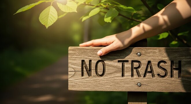 Hand resting on wooden sign saying 'No Trash' in a natural setting  