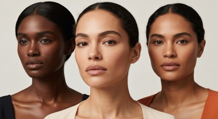 Three women with diverse skin tones, serene and neutral background