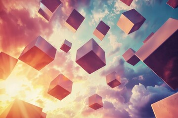 Colorful sky with floating geometric cubes and abstract shapes in a dynamic composition