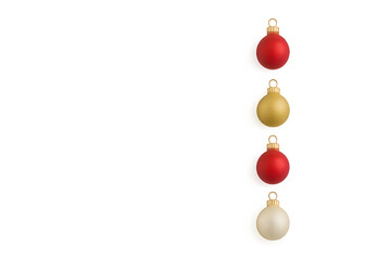 Vertical line border of baubles in red, gold and white glossy finish, isolated on transparent background.
