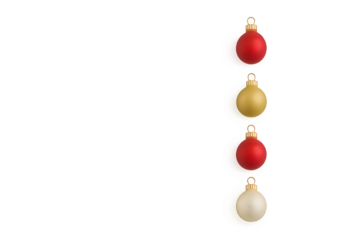 Vertical line border of baubles in red, gold and white glossy finish, isolated on transparent background.