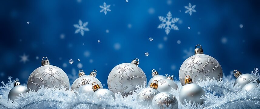 Festive christmas ornaments and snowflakes on a snowy blue background