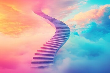 Stairway leading upwards towards a bright sky with clouds and blue background