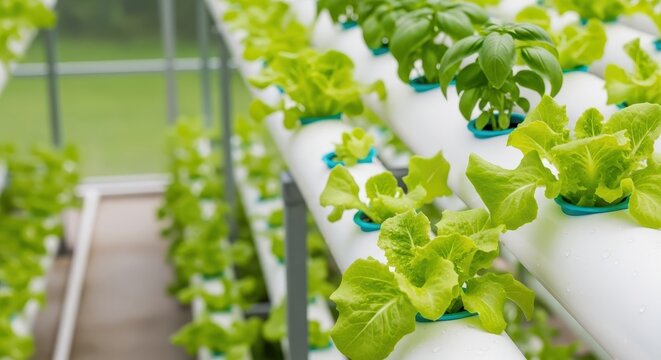 Hydroponic setup with lush green lettuce growing in greenhouse