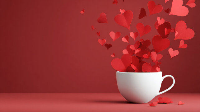 a white ceramic tea or coffee cup with vibrant red paper hearts flowing upwards, clean and minimalist composition