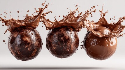 Three spherical desserts are splashed with cascading rich brown liquid, capturing motion
