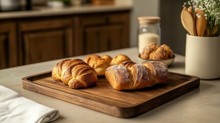 Wooden cutting board on kitchen counter with fresh ingredients and knife ready for use