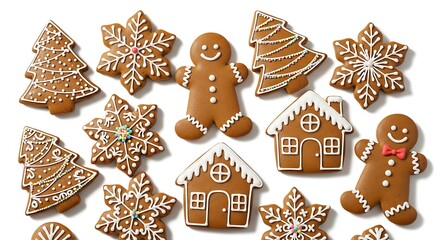 Festive gingerbread cookies with white icing and sprinkles on a white background - holiday season treats