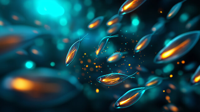 Deep sea concept with lanternfish glowing in dark abyss, particles floating, mysterious blue-black mood, with copy space