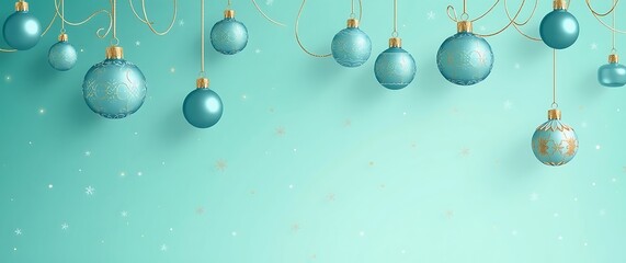 Teal christmas ornaments hanging on a light blue background with snowflakes