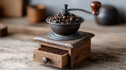 Vintage coffee grinder with beans on a rustic wooden table.