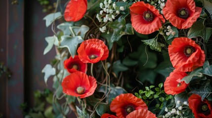 Fototapeta premium Red Poppy Flowers and Greenery Wreath Decor