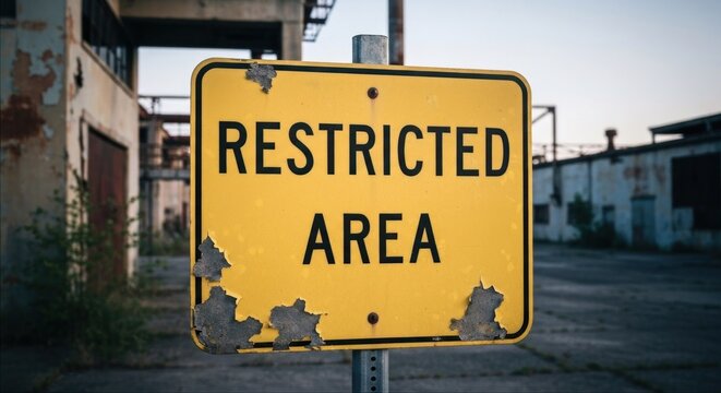 Worn yellow "RESTRICTED AREA" sign stands near dilapidated industrial building