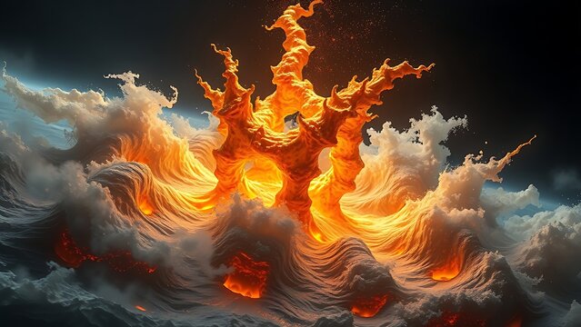 A gravity-defying golden fractal structure engulfed in chaotic energy waves, radiating molten brilliance.
