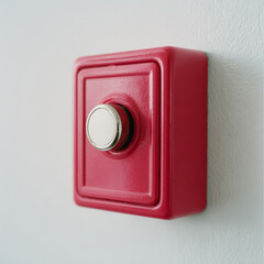 Red button on white wall, minimalistic design