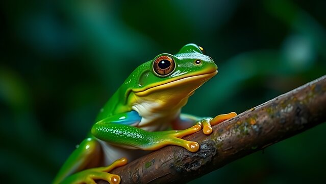 Close-up portrait of a vibrant green tree frog in its lush rainforest habitat.