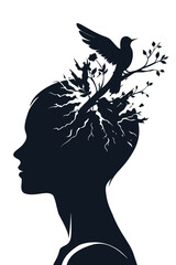 A surreal silhouette of a woman’s head filled with blooming branches and a soaring bird, symbolizing emotional healing, inner freedom, mental growth, and spiritual awakening.