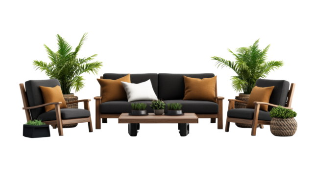 Elegant Wooden Garden Furniture Set with Cushions on transparent background