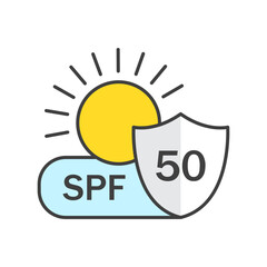 SPF 50 icon in flat style. UV protection vector illustration on isolated background. Sunscreen sign business concept.
