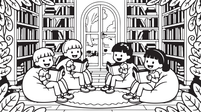 Reading together illustration showcasing group of kids enjoying books in library cute children in education scene monochrome vector illustration educational pastime